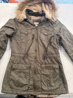 YMI Olive Green Faux-Fur Hooded Utility Jacket size Large